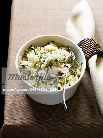 Bowl of rice and fish salad