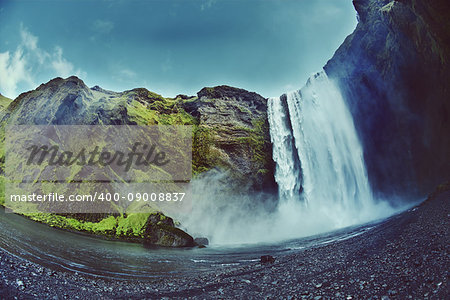 famous Skogarfoss waterfall in southern Iceland. treking in Iceland. Travel and landscape photography concept