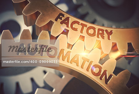 Factory Automationon Golden Metallic Gears. Factory Automation on Mechanism of Golden Metallic Cog Gears with Lens Flare. 3D Rendering.