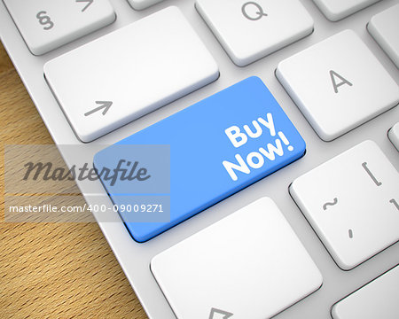 A Keyboard with a Blue Key - Buy Now. High Quality Render of a Conceptual Keyboard Button. The Button is Blue in Color and there is Text Buy Now on It. Keyboard is sitting on the Wood Background. 3D.