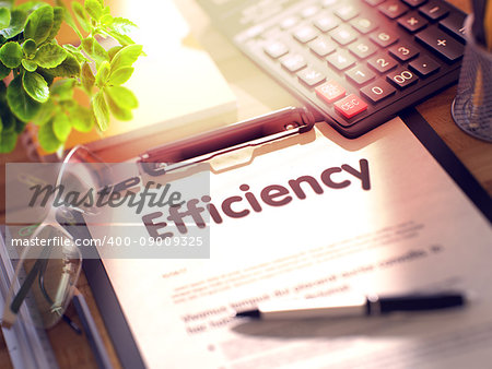 Office Desk with Stationery, Calculator, Glasses, Green Flower and Clipboard with Paper and Business Concept - Efficiency. 3d Rendering. Blurred and Toned Image.