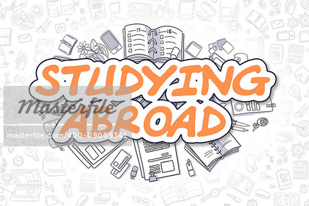 Studying Abroad - Sketch Business Illustration. Orange Hand Drawn Word Studying Abroad Surrounded by Stationery. Doodle Design Elements.