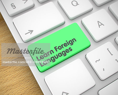 Online Service Concept: Learn Foreign Languages on Slim Aluminum Keyboard lying on the Wood Background. Business Concept: Learn Foreign Languages on Conceptual Keyboard Background. 3D Render.