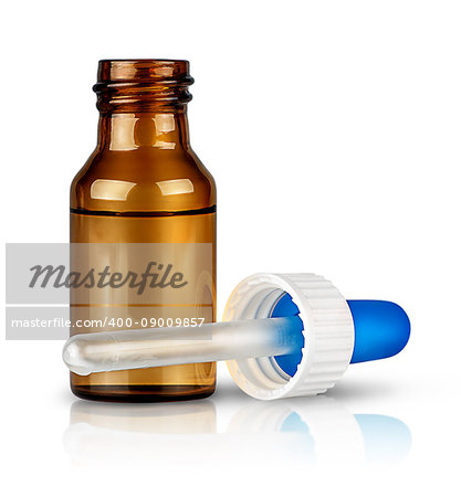 Nasal spray isolated on white background. Bottle with medicine and pipette.