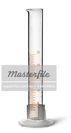 Empty chemical 25 ml measuring cylinder isolated on white background, studio shot Empty chemical 25 ml measuring cylinder isolated on white background, studio shot