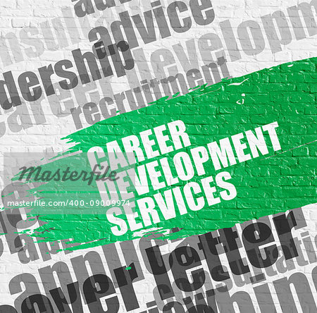 Education Concept: Career Development Services on the White Brickwall Background with Word Cloud Around It. Career Development Services - on White Wall with Word Cloud Around. Modern Illustration.