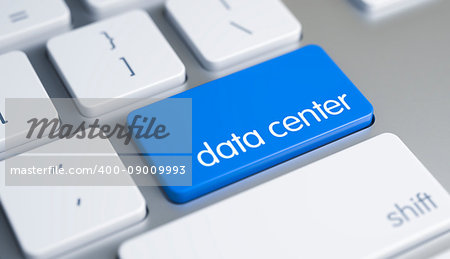 Caption on the Blue Keyboard Enter Button, for Data Center Concept. Modern Keyboard Key Showing the Text Data Center. Message on Blue Keyboard Button. 3D.