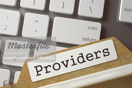 Providers. Archive Bookmarks of Card Index Overlies Modern Metallic Keyboard. Business Concept. Closeup View. Selective Focus. Toned Image. 3D Rendering.