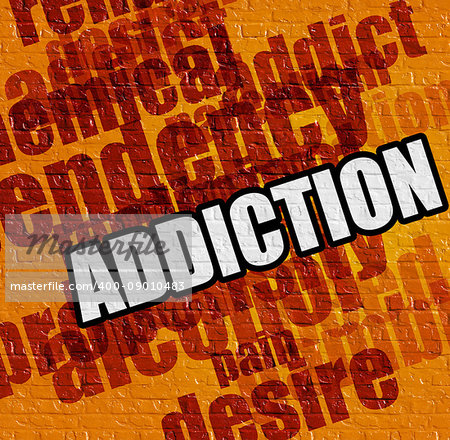 Healthcare concept: Addiction - on the Brickwall with Wordcloud Around . Addiction on Yellow Brick Wall .