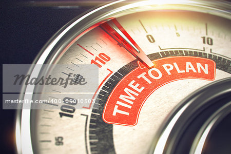 Time To Plan - Red Label on the Conceptual Speedmeter with Needle. Business Mode Concept. 3D Render.