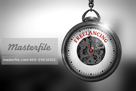 Pocket Watch with Freelancing Text on the Face. Business Concept: Watch with Freelancing - Red Text on it Face. 3D Rendering.