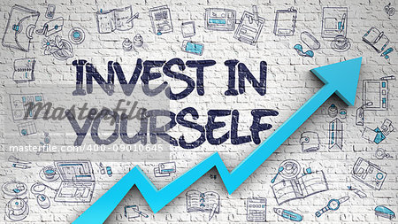 Invest In Yourself - Development Concept with Doodle Design Icons Around on the White Brick Wall Background. Brick Wall with Invest In Yourself Inscription and Blue Arrow. Improvement Concept. 3D.