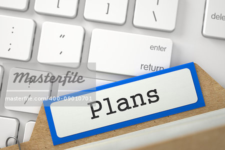 Plans. Blue File Card Concept on Background of White PC Keypad. Archive Concept. Closeup View. Selective Focus. 3D Rendering.