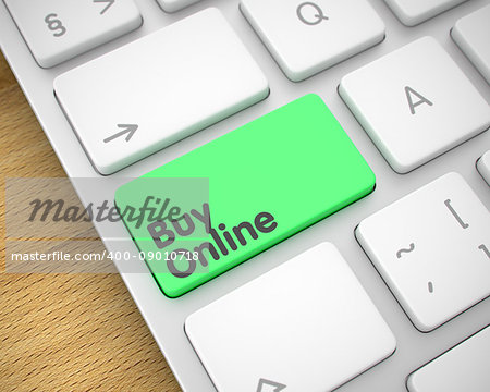 Business Concept. Green Keypad on the Aluminum Keyboard. Modern Laptop Keyboard Button Showing the InscriptionBuy Online. Message on Keyboard Green Key. 3D Render.