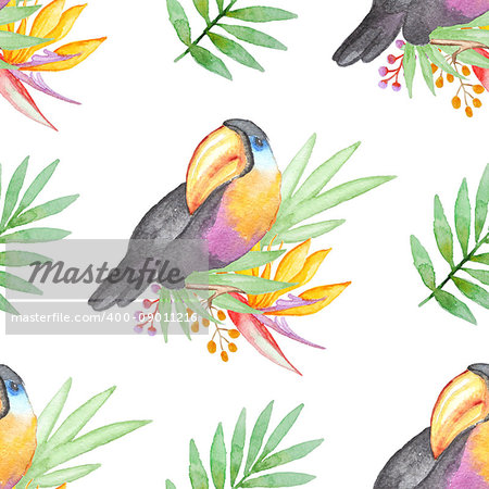 Watercolor seamless pattern with tropical flowers and toucan bird on a white background