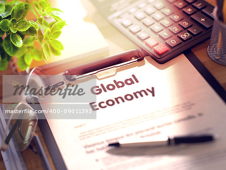 Desk with Office Supplies Around the Clipboard with Paper and Business Concept - Global Economy. 3d Rendering. Toned and Blurred Illustration.