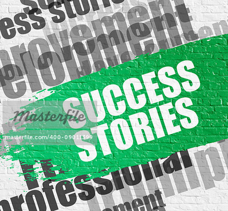 Education Service Concept: Success Stories Modern Style Illustration on Green Brushstroke. Success Stories - on the Brickwall with Word Cloud Around. Modern Illustration.