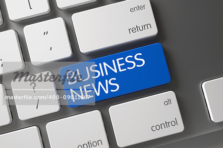 Business News Concept: Computer Keyboard with Business News, Selected Focus on Blue Enter Button. 3D Illustration.