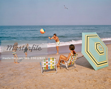 1970s FAMILY AT THE OCEAN BEACH BALL BATHING SUITS ALUMINUM CHAIRS UMBRELLA SAND SURF 1970s FAMILY AT THE OCEAN BEACH BALL BATHING SUITS ALUMINUM CHAIRS UMBRELLA SAND SURF