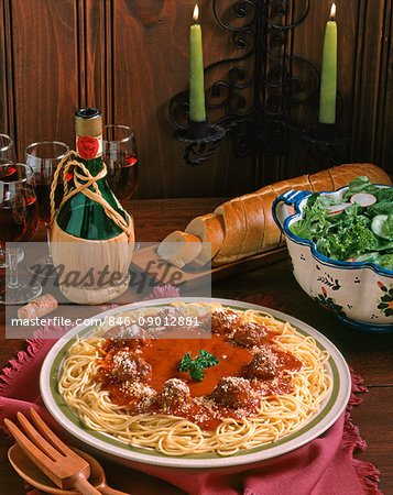 ITALIAN MEAL SPAGHETTI AND MEATBALLS SALAD BREAD AND WINE