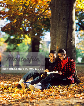 1980s AFRICAN AMERICAN COUPLE STUDYING UNDER TREE ON CAMPUS AUTUMN LEAVES