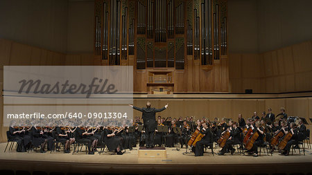 Rear view of conductor gesturing and leading music orchestra in auditorium