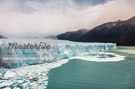 View of lake Argentino and Perito Moreno Glacier and mountains in Los Glaciares National Park, Patagonia, Chile