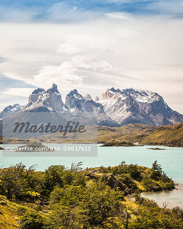 Landscape with Grey Lake, Paine Grande and Cuernos del Paine, Torres del Paine national park, Chile