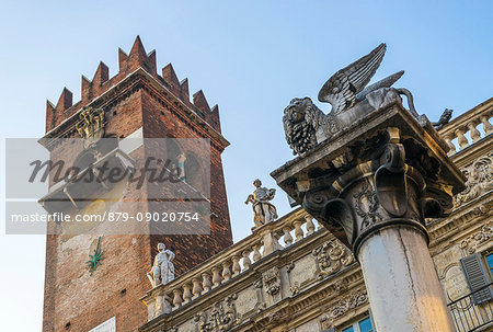 Verona, Veneto, Italy. Piazza delle Erbe with the iconic Lion of Venice