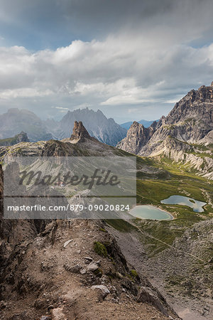 Sesto/Sexten, Dolomites, South Tyrol, province of Bolzano, Italy. View of the Ref. Locatelli, Laghi dei Piani and Torre di Toblin from the "Path of Peace" to the mountain of Monte Paterno