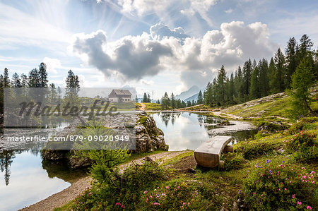 The peaceful Federa Lake with the cozy Croda da Lago refuge,Cortina d'Ampezzo,Belluno district,Veneto,Italy