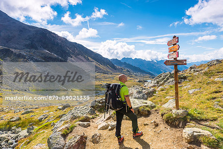 Alpine signage leading to the Careser Lake Europe, Italy, Trentino region, Venezia Valley, Sun valley, Pejo, National park Stelvio