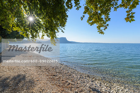 Beach with sun shining through tree branches at Lake Gardo (Lago di Garda) in summer at Garda in Veneto, Italy