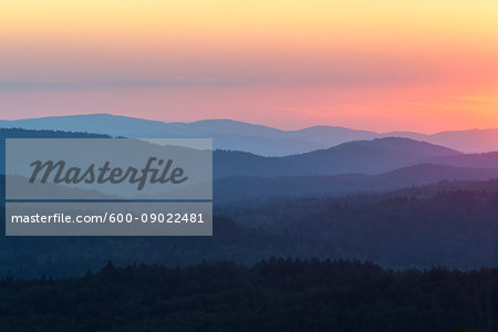 View from Lusen mountain over the Bavarian Forest at sunset at Waldhauser in the Bavarian Forest National Park, Bavaria, Germany