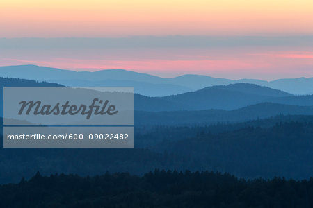 View from Lusen mountain over the Bavarian Forest at sunset at Waldhauser in the Bavarian Forest National Park, Bavaria, Germany