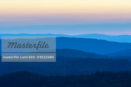 View from Lusen mountain over the Bavarian Forest at sunrise at Waldhauser in the Bavarian Forest National Park, Bavaria, Germany