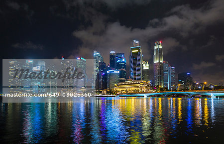 Waterfront skyline at Marina Bay at night, Singapore, South East Asia