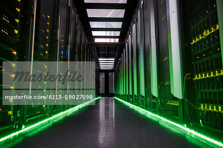 Glowing panels in dark server room