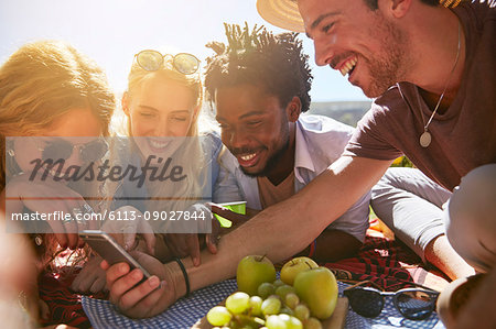 Young friends texting with cell phone, enjoying sunny summer picnic