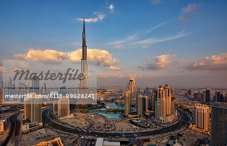 Cityscape of Dubai, United Arab Emirates, with the Burj Khalifa skyscraper and other buildings in the foreground.