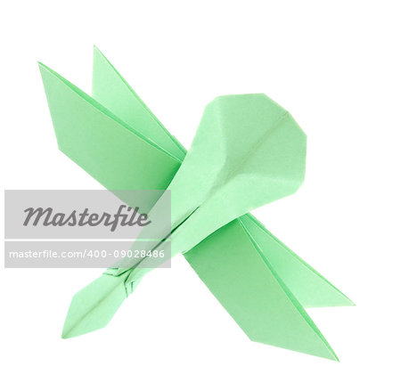 Green dragonfly of origami, isolated white background.