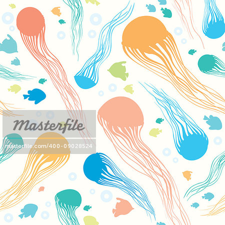 Seamless pattern with underwater creatures. Vector animal wallpaper - jellyfish, bubbles and fish.