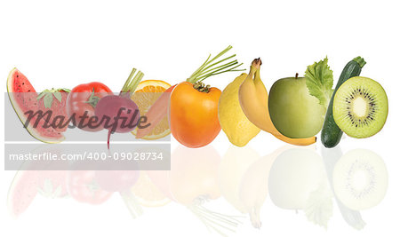 Colourful banner of fruits and salad on white background.  Healthy food concept
