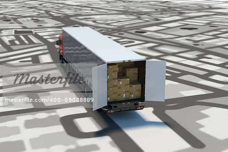 Image of map of streets with truck loaded stack of packed boxes. 3D Rendering