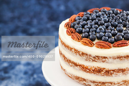 Delicious homemade naked carrot cake decorated with fresh blueberry and pecan