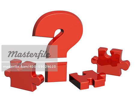 Part of a puzzle and question mark of red color. Isolated on white background. 3d render