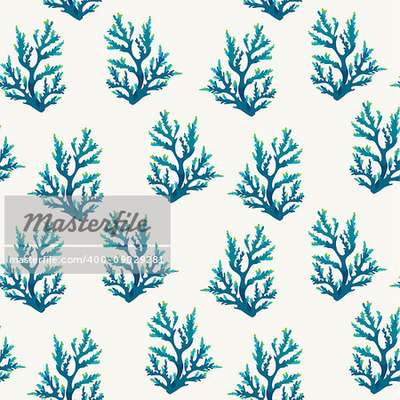 Seamless pattern illustration with blue corals on a white background. Vector sea wallpaper.