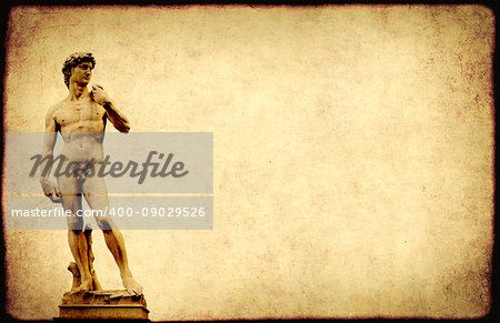 Grunge background with paper texture and statue of Michelangelo's David. Copy space for your text
