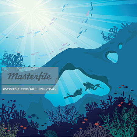 Underwater marine wildlife. Silhouette of two scuba divers in the cave and beautiful coral reef with school of fish on a blue sea. Nature vector illustration.