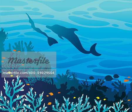 Blue coral reef with fishes and silhouette of freediver in monofin and dolphin on a sea background. Underwater vector illustration. Funny freediving.